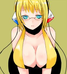 Rule 34 | 1girl, bent over, bespectacled, blonde hair, blue eyes, blush, breasts, chobits, cleavage, cosplay, creatures (company), elesa (pokemon), game freak, glasses, gym leader, han (jackpot), hanging breasts, headphones, large breasts, nintendo, pantyhose, pokemon, pokemon bw, short hair, solo