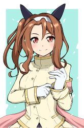 Rule 34 | 1girl, animal ears, blush, brown hair, buttons, coat, corrupted twitter file, ear covers, emapippi, gloves, hair between eyes, hairband, highres, horse ears, horse girl, jacket, king halo (noble white cheer attire) (umamusume), king halo (umamusume), long sleeves, looking at viewer, medium hair, official alternate costume, ponytail, red eyes, shirt, smile, solo, umamusume, upper body, wavy hair, white coat, white gloves, white jacket, white shirt