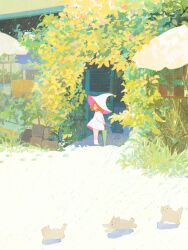 Rule 34 | 1girl, bare legs, boots, bush, cat, day, dress, footprints, grass, hat, hedge, holding, holding umbrella, long dress, looking to the side, mengxuanliart, orange hair, original, outdoors, pink hat, plant, profile, sand, shade, solo, two-sided fabric, two-sided headwear, umbrella, white dress, white footwear, white hat, wide shot, witch hat