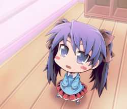 Rule 34 | 00s, 1girl, aged down, blush stickers, chibi, child, from above, hiiragi kagami, indoors, kindergarten, kindergarten uniform, long hair, looking up, lucky star, open mouth, perspective, purple eyes, purple hair, solo, staring, tanashi (mk2), twintails