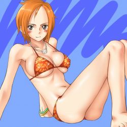 Rule 34 | 1girl, arm support, armband, ass, bangle, bare shoulders, barefoot, bikini, blue background, blush, bracelet, breasts, forehead, grey eyes, jewelry, large breasts, mosha, nami (one piece), navel, necklace, one piece, orange bikini, orange hair, print bikini, short hair, simple background, sitting, solo, swimsuit