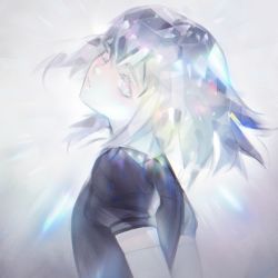Rule 34 | androgynous, black shirt, diamond (houseki no kuni), from side, gender request, ginmu, grey background, houseki no kuni, looking at viewer, looking to the side, pink eyes, puffy short sleeves, puffy sleeves, shirt, short sleeves, silver hair, solo, upper body