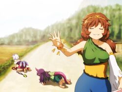 Rule 34 | 3girls, animal ears, bare shoulders, barefoot, blue dress, brown hair, circlet, closed eyes, detached sleeves, dirt road, dog ears, dog tail, dress, bear trap, green dress, green shirt, green shorts, grey hair, horns, long hair, low twintails, mitsugashira enoko, multiple girls, multiple tails, open mouth, outdoors, pink horns, pink skirt, pointy ears, purple hair, purple shirt, road, shirosato, shirt, short hair, shorts, single detached sleeve, single horn, skirt, smile, son biten, stance of heaven and earth, tail, tenkajin chiyari, touhou, twintails, white sleeves, yellow dress