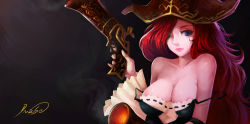 Rule 34 | 1girl, areola slip, bare shoulders, blue eyes, breasts, cleavage, d-mouse, dual wielding, female focus, gun, handgun, hat, holding, large breasts, league of legends, lips, long hair, miss fortune (league of legends), nose, pirate hat, red hair, solo, strap slip, weapon