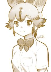 Rule 34 | 1girl, african wild dog (kemono friends), african wild dog print, animal ears, bow, bowtie, breasts, collared shirt, commentary request, dog ears, greyscale, highres, kemono friends, layered sleeves, light smile, long sleeves, looking at viewer, masuyama ryou, medium breasts, monochrome, print sleeves, shirt, short hair, short over long sleeves, short sleeves, signature, solo