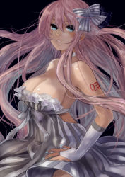 Rule 34 | 1girl, backless dress, backless outfit, blue eyes, bow, breasts, bridal gauntlets, choker, cleavage, dress, earrings, hair bow, highres, jewelry, large breasts, lips, long hair, megurine luka, nail polish, pink hair, pisuke, sideboob, solo, tattoo, vocaloid