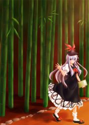 Rule 34 | 1girl, bamboo, bamboo forest, book, dress, forest, hand up, hat, hat ribbon, highres, kamishirasawa keine, long hair, looking at viewer, multicolored hair, nature, puffy short sleeves, puffy sleeves, red background, red eyes, ribbon, rock, saana (sifon-hem), shadow, short sleeves, sidelocks, smile, solo, touhou, two-tone hair, walking