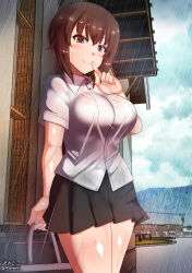 Rule 34 | 1girl, black skirt, blush, breasts, brown eyes, closed mouth, finger to mouth, girls und panzer, highres, large breasts, looking at viewer, megadeko, miniskirt, nishizumi maho, outdoors, rain, shirt, short hair, skirt, smile, solo, white shirt