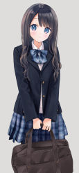 Rule 34 | 1girl, bag, black hair, black jacket, blazer, blue bow, blue eyes, blue skirt, blush, bow, cardigan, closed mouth, collared shirt, commentary request, grey background, highres, holding, jacket, long hair, looking at viewer, original, plaid, plaid bow, plaid skirt, pleated skirt, rimo, school bag, school uniform, shirt, simple background, skirt, smile, solo, white cardigan, white shirt