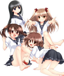 Rule 34 | 4girls, :d, all fours, barefoot, black hair, blue eyes, blush, brown eyes, brown hair, crab, feet, grin, highres, kosumo, legs, long hair, multiple girls, open mouth, original, outstretched arms, pleated skirt, red eyes, school uniform, serafuku, short hair, simple background, sitting, skirt, smile, soles, sweatdrop, toes, triangle mouth, twintails, two side up, white background