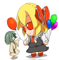 Rule 34 | 2girls, ascot, balloon, barefoot, black skirt, black vest, blonde hair, closed mouth, cosplay, frilled shirt collar, frills, from side, full body, fumo (doll), green hair, highres, holding, holding balloon, kusa tsuku, looking at another, multiple girls, open mouth, puffy short sleeves, puffy sleeves, red ascot, red eyes, red footwear, rumia, rumia (cosplay), shirt, short sleeves, simple background, skirt, skirt set, standing, touhou, vest, white background, white shirt