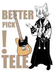Rule 34 | 1girl, animal ears, bang dream!, bang dream! it&#039;s mygo!!!!!, blue eyes, cat ears, closed mouth, commentary, earrings, electric guitar, english text, fender telecaster, full body, gen 3 pokemon, guitar, hand up, highres, instrument, jacket, jewelry, kaname raana, kemonomimi mode, looking at viewer, medium hair, partially colored, simple background, skitty, solo, white background, yellow eyes, zongchi