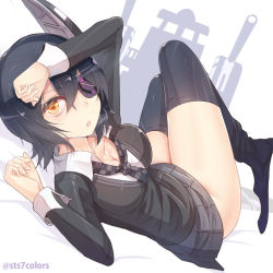 Rule 34 | 10s, 1girl, :o, ass, black hair, black thighhighs, breasts, cardigan, eyepatch, headgear, kantai collection, large breasts, looking at viewer, lying, necktie, no panties, on back, orange eyes, school uniform, short hair, solo, sts, tenryuu (kancolle), thighhigh dangle, thighhighs, twitter username