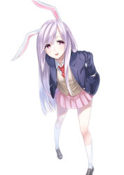 Rule 34 | 1girl, :p, animal ears, blazer, blush, extra ears, full body, hands in pockets, jacket, loafers, long hair, necktie, pink eyes, purple hair, rabbit ears, red necktie, reisen udongein inaba, shoes, simple background, skirt, smile, solo, tongue, tongue out, touhou, unowen, white background, white legwear