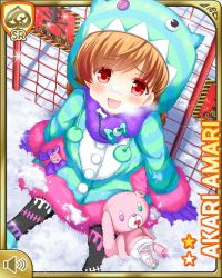 Rule 34 | 1girl, amari akari, blue jacket, brown hair, card (medium), character name, coat, day, girlfriend (kari), gloves, hood, jacket, lace, leggings, looking at viewer, multicolored hair, nail polish, official art, open mouth, outdoors, ponytail, qp:flapper, red eyes, shirt, short hair, side ponytail, sidelocks, sitting, smile, snow, solo, streaked hair, stuffed animal, stuffed toy, tagme, white background, winter clothes, winter coat