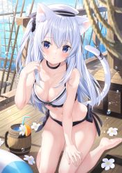 Rule 34 | 1girl, air bubble, animal ear fluff, animal ears, bare arms, bare legs, barefoot, bikini, black bikini, black choker, blue eyes, blue hair, blurry, blurry foreground, breasts, bubble, cat ears, cat girl, cat tail, choker, cleavage, closed mouth, commentary request, cup, day, drinking straw, flower, full body, hair between eyes, hair ornament, hair scrunchie, hand on own thigh, hand up, hat, highres, jimmy madomagi, kneeling, long hair, looking at viewer, medium breasts, mirutani nia, mismatched bikini, mole, mole under eye, navel, noripro, one side up, original, rope, sailor hat, scrunchie, ship, side-tie bikini bottom, solo, stomach, swimsuit, tail, tail raised, virtual youtuber, water, watercraft, white bikini, white flower, white hat
