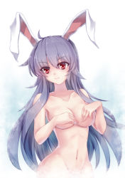 Rule 34 | 1girl, animal ears, breasts, cleavage, collarbone, covering privates, covering breasts, dedeyong, female focus, grey hair, groin, highres, large breasts, light purple hair, light smile, long hair, medium breasts, navel, nude, rabbit ears, red eyes, reisen udongein inaba, smile, solo, touhou, upper body