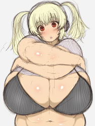 Rule 34 | 1girl, absurdres, blonde hair, blush, bra, breasts, cleavage, clothes lift, fat, headphones, highres, huge breasts, looking at viewer, navel, nitroplus, open mouth, plump, red eyes, shirt, shirt lift, solo, super pochaco, tensai427, twintails, underwear, upper body