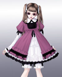 Rule 34 | 1girl, bloomers, blunt bangs, brown hair, dress, expressionless, eyelashes, goth fashion, gothic lolita, gradient background, grey background, hair ribbon, kunishige keiichi, lace, lace-trimmed dress, lace trim, layered dress, layered sleeves, lipstick, lolita fashion, long hair, long sleeves, looking at viewer, makeup, nail polish, nocturne, nocturne (kunishige keiichi), original, pink nails, red eyes, ribbon, short over long sleeves, short sleeves, sleeves past wrists, solo, twintails, underwear, white bloomers