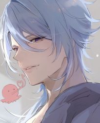 Rule 34 | 1boy, blue hair, eyelashes, genshin impact, grey background, gumilkx, hair between eyes, heart, highres, kamisato ayato, long hair, looking at viewer, male focus, mole, mole under mouth, octopus, parted lips, purple eyes, simple background, sketch, solo