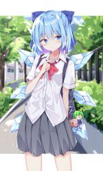 Rule 34 | 1girl, blouse, blue eyes, blue hair, blush, bow, bowtie, buttons, circled 9, cirno, collared shirt, commentary request, contemporary, daiyousei, grey skirt, hair between eyes, hair bow, highres, ice, ice wings, charm (object), light blue hair, red bow, red bowtie, sabana, school uniform, shirt, short sleeves, skirt, solo, sweat, touhou, white shirt, wings