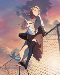Rule 34 | 2girls, absurdres, backlighting, barefoot, blonde hair, blue eyes, blue hair, blue hoodie, brown legwear, brown skirt, chain-link fence, closed mouth, cloud, collared shirt, commentary, dino (dinoartforame), english commentary, evening, feet, fence, fins, fish tail, garter straps, gawr gura, high-waist skirt, highres, hololive, hololive english, hood, hoodie, light smile, looking to the side, multicolored hair, multiple girls, necktie, no legwear, no shoes, outdoors, plaid, plaid skirt, red neckwear, shark tail, shirt, sitting, sitting on fence, skirt, sky, streaked hair, sun, sunlight, tail, toes, virtual youtuber, watson amelia, white hair, white shirt, wind
