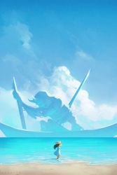 Rule 34 | 1girl, beach, black hair, blue sky, boat, cloud, cloudy sky, commentary, concept art, corpse, day, dress, english commentary, giant, hat, horns, koyorin, long hair, ocean, oni, oni horns, original, size difference, skeleton, sky, sun hat, sundress, wading, watercraft, white dress, wide shot
