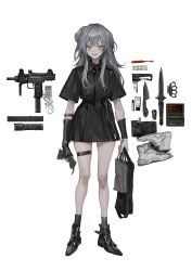 Rule 34 | 1girl, absurdres, bag, digital media player, flashlight, grey eyes, gun, highres, holding, holding bag, ipod, knife, lm7 (op-center), magazine (weapon), necktie, original, shoes, silver hair, smile, thigh strap, thighs, toothbrush, weapon, white background