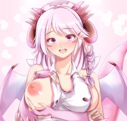 Rule 34 | 1girl, andrew (duel angel), breast hold, breasts, dragon girl, dragon horns, dragon tail, dragon wings, dragonmaid (yu-gi-oh!), dress, duel monster, fingerless gloves, gloves, hair ornament, hairclip, halter dress, halterneck, highres, horns, large breasts, long hair, looking at viewer, maid headdress, nipples, nurse dragonmaid, one breast out, open mouth, pink gloves, pink hair, purple eyes, smile, solo, swept bangs, tail, upper body, wings, yu-gi-oh!