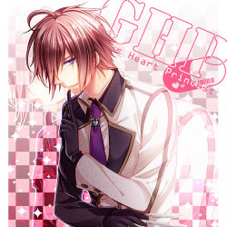 Rule 34 | 1boy, bad id, bad pixiv id, blue eyes, brown hair, checkered background, colored eyelashes, copyright name, formal, glass heart princess, gloves, male focus, masaki shinnosuke, necktie, pointing, smile, solo, suit, yamika