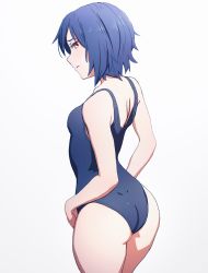 Rule 34 | 1girl, ass, bare shoulders, blue hair, blue one-piece swimsuit, breasts, dimples of venus, from behind, highres, looking at viewer, looking back, one-piece swimsuit, original, red eyes, short hair, simple background, small breasts, solo, swimsuit, thighs, white background, zoryc