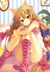Rule 34 | 1girl, absurdres, animal ears, bare shoulders, blouse, blush, bow, brown hair, cat ears, crossed arms, hair bow, head tilt, highres, hugging own legs, indoors, kneehighs, knees to chest, knees together feet apart, legs, long hair, looking at viewer, panties, pantyshot, picture frame, shirt, sitting, smile, socks, solo, striped background, striped clothes, striped socks, stuffed animal, stuffed toy, teddy bear, thighs, underwear, vertical stripes, very long hair, white panties, yashiro seika, yellow eyes