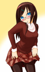Rule 34 | 1girl, akatsuki (akatsukishiki), akatsuki (artist), blue eyes, blush, brown hair, glasses, highres, pantyhose, plaid, plaid skirt, skirt, solo