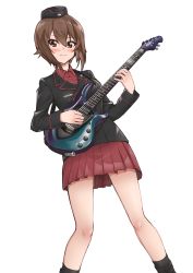 Rule 34 | 1girl, black hat, black jacket, black socks, blush, brown eyes, brown hair, carrying, closed mouth, collaboration, commentary request, depayama (depaty), dress shirt, electric guitar, garrison cap, girls und panzer, guitar, hat, highres, insignia, instrument, jacket, kuromorimine military uniform, light blush, long sleeves, looking at viewer, mamu t7s, military, military hat, military uniform, miniskirt, music, nishizumi maho, playing instrument, pleated skirt, red shirt, red skirt, shirt, short hair, simple background, skirt, smile, socks, solo, standing, uniform, white background, wing collar