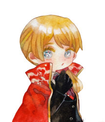 Rule 34 | 1girl, black gloves, black jacket, blonde hair, blue eyes, cape, cecil (project moon), collared shirt, commentary request, gloves, hand up, highres, jacket, library of ruina, long sleeves, low ponytail, mochigome 138, necktie, open mouth, painting (medium), project moon, red cape, red necktie, shirt, side ponytail, simple background, solo, tie clip, traditional media, upper body, watercolor (medium), white background, white shirt