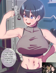 Rule 34 | 1girl, abs, andrian januar adilia, armpit crease, black hair, black pants, blue eyes, clenched hand, commentary, english commentary, english text, gaijin 4koma (meme), grey shirt, gym, hand on own hip, hand up, highres, meme, navel, open mouth, original, pants, photo inset, shirt, short hair, sleeveless, sleeveless shirt, solo, speech bubble, standing, teeth, upper body, upper teeth only