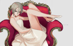 Rule 34 | 1girl, bare shoulders, black eyes, blush, breasts, dress, from side, full body, grey hair, hair between eyes, hand on own head, hands up, high heels, idolmaster, idolmaster cinderella girls, idolmaster cinderella girls starlight stage, jewelry, legs up, looking at viewer, medium breasts, on chair, sawarakajin, shiomi syuko, short hair, simple background, sitting, solo, strapless, strapless dress, white background, white dress, white footwear