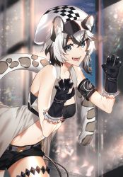 Rule 34 | 1girl, animal ears, arknights, armband, bandeau, belt, black bandeau, black gloves, black hair, black shorts, breasts, checkered clothes, checkered headwear, cleavage, cliffheart (arknights), gloves, hair between eyes, hat, highres, jewelry, leopard ears, leopard girl, leopard tail, looking at viewer, medium breasts, midriff, multicolored hair, navel, necklace, open mouth, short hair, short shorts, shorts, silver hair, sino42, smile, solo, streaked hair, tail, two-tone hair, white hat