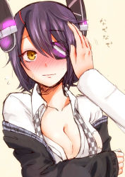 Rule 34 | 10s, 1girl, black hair, blush, breasts, checkered clothes, checkered necktie, checkered neckwear, cleavage, dress shirt, eyepatch, hair ornament, hand on another&#039;s face, kantai collection, mado (mado rgrg), necktie, off shoulder, shirt, solo focus, tenryuu (kancolle), upper body, yellow eyes