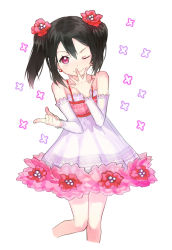 Rule 34 | &gt;;), 10s, 1girl, black hair, detached sleeves, dress, earrings, hair ornament, jewelry, love live!, love live! school idol project, macciatto (aciel02), one eye closed, red eyes, smile, solo, twintails, v-shaped eyebrows, yazawa nico