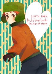 Rule 34 | 1boy, ass, bad id, bad pixiv id, brown eyes, character name, coat, copyright name, english text, gloves, hat, heart, kyle broflovski, looking back, male focus, naoko (juvenile), red hair, solo, south park
