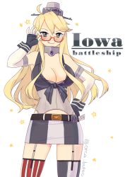 Rule 34 | 10s, 1girl, asymmetrical legwear, bare shoulders, belt buckle, bespectacled, blonde hair, blue eyes, breasts, buckle, character name, cleavage, cowboy shot, elbow gloves, fingerless gloves, front-tie top, garter straps, glasses, gloves, hair between eyes, iowa (kancolle), kantai collection, large breasts, long hair, looking at viewer, miniskirt, mismatched legwear, red-framed eyewear, simple background, skirt, smile, solo, standing, star-shaped pupils, star (symbol), striped clothes, striped thighhighs, symbol-shaped pupils, thighhighs, tongue, tongue out, twitter username, vertical-striped clothes, vertical-striped thighhighs, white background, yamashichi (mtseven)
