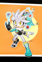 Rule 34 | 1boy, absurdres, alternate costume, asymmetrical footwear, asymmetrical gloves, black gloves, boots, finik, gloves, halloween, halloween costume, highres, jacket, open clothes, open jacket, open mouth, signature, silver the hedgehog, solo, sonic (series), white gloves