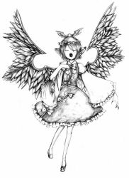 Rule 34 | 1girl, animal ears, bad id, bad pixiv id, claws, closed eyes, dress, feathers, female focus, fingernails, greyscale, hat, kurosaki (niggurath), legs, long fingernails, monochrome, music, mystia lorelei, nail, no nose, open mouth, ribbon, shoes, short hair, singing, solo, thighhighs, touhou, traditional media, white thighhighs, wide sleeves, wings
