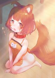Rule 34 | 1girl, absurdres, animal ears, apron, ass, brown eyes, brown hair, collar, commentary request, dog ears, dog girl, dog tail, fangs, full body, highres, huge filesize, inushida (dogsheepsheep), kneeling, naked apron, original, short hair, solo, tail, tail wagging