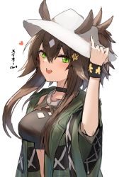 Rule 34 | 1girl, :d, absurdres, adjusting clothes, adjusting headwear, animal ears, arknights, black choker, breasts, brown hair, choker, coat, commentary request, crop top, ears through headwear, green coat, green eyes, hair ornament, heart, highres, horn/wood, horse ears, long hair, long sleeves, looking at viewer, medium breasts, meteor (arknights), meteor (bard&#039;s holiday) (arknights), midriff, navel, official alternate costume, open clothes, open coat, open mouth, simple background, smile, solo, star (symbol), star hair ornament, stomach, teeth, translation request, upper body, upper teeth only, white background, white headwear, wristband