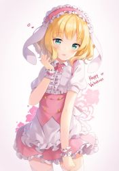 Rule 34 | 1girl, animal ears, arm garter, blonde hair, blouse, blue eyes, blush, commentary request, contrapposto, english text, fake animal ears, frilled shirt, frills, gochuumon wa usagi desu ka?, grey background, hairband, hand up, happy valentine, heart, hitsukuya, kirima syaro, looking at viewer, maid, parted lips, rabbit ears, shirt, short hair, short sleeves, smile, solo, standing, thighhighs, valentine, white shirt, white thighhighs, frilled wristband