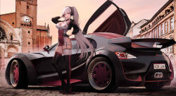 Rule 34 | 1girl, absurdres, alternate costume, arm behind head, azur lane, car, character name, church, citroen, citroen survolt, copyright name, dunkerque (azur lane), france, full body, hand on own hip, headset, highres, kcar66t, license plate, looking at viewer, motor vehicle, product placement, race queen, race vehicle, racecar, real world location, scissor doors, spoiler (automobile), thighhighs, toulouse, toulouse cathedral