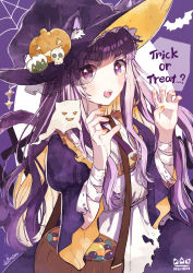 Rule 34 | 1girl, absurdres, animal ears, animal print, bandaged arm, bandages, bat print, blush, brown bag, cat ears, cat girl, cat tail, claw pose, commentary request, copyright name, cowboy shot, dress, frilled jacket, frills, ghost, ghost tail, gokou ruri, halloween, hands up, hat, highres, huion, jack-o&#039;-lantern, jacket, kirari 0810, long hair, long sleeves, looking at viewer, lower teeth only, nail polish, on shoulder, open mouth, orange nails, purple background, purple eyes, purple hair, purple jacket, signature, spider web background, tail, teeth, torn clothes, upper teeth only, white dress, wide sleeves, witch, witch hat