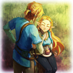 1boy 1girl black_gloves black_pants blonde_hair braid cake earrings eating closed_eyes facing_another fingerless_gloves food gloves grass hair_ornament hairclip hand_on_own_hip heart highres jewelry link long_hair nintendo pants pearjarrr pointy_ears ponytail pouch princess_zelda short_ponytail sitting smile standing sweatdrop the_legend_of_zelda the_legend_of_zelda:_breath_of_the_wild tree_stump